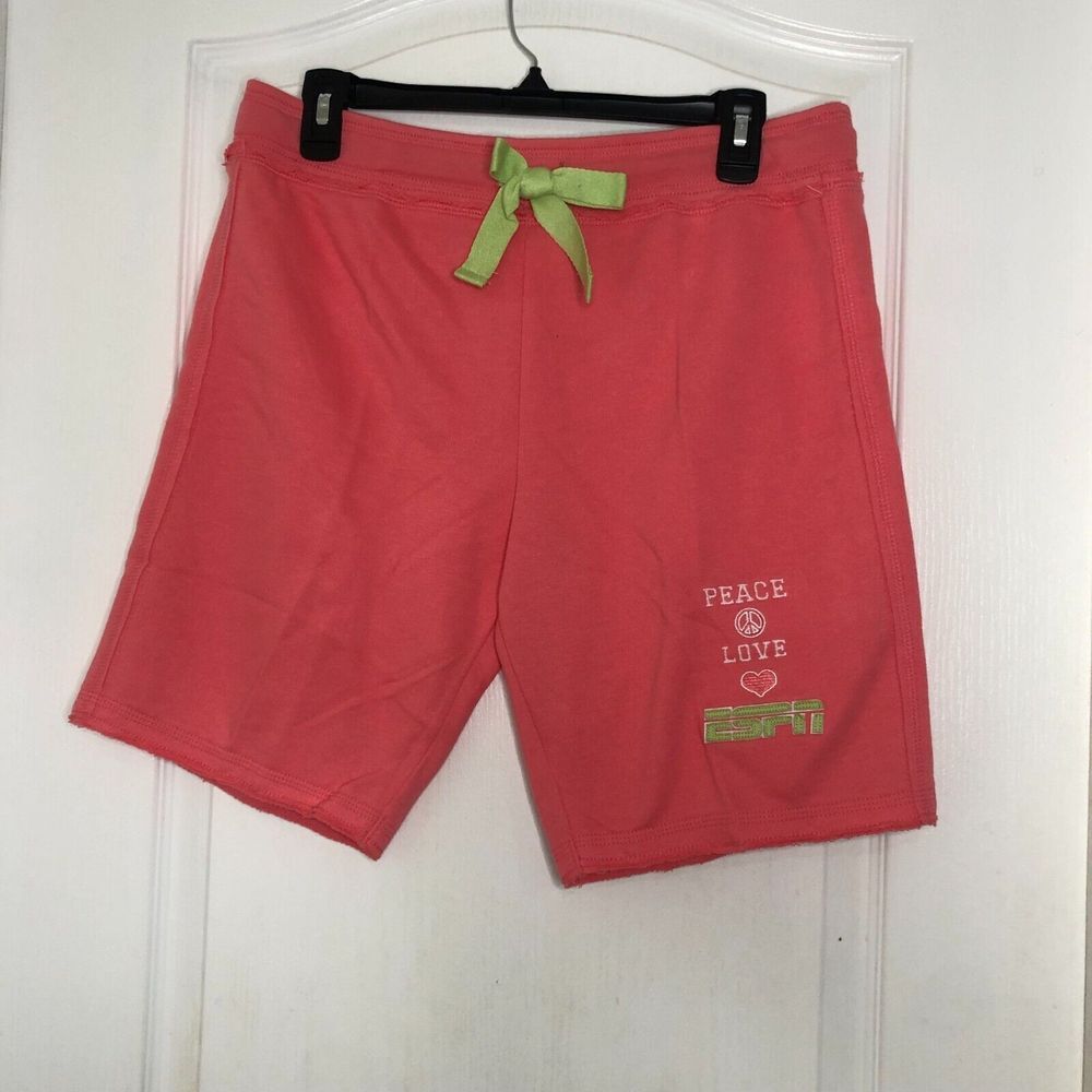 ESPN Womens XL Coral Pink Peace‎ Love Graphic Lounge Shorts Drawstring Y2K Style